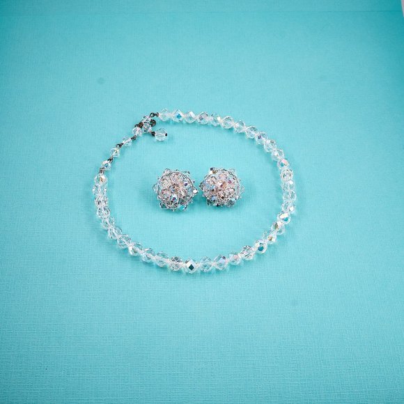 Crystal Necklace & Earrings Set, Dainty Vintage Choker Necklace - Picture 5 of 10